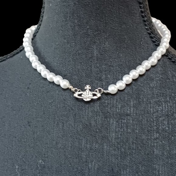 Rhinestone Saturn Faux Pearl Choker Necklace - Picture 1 of 6